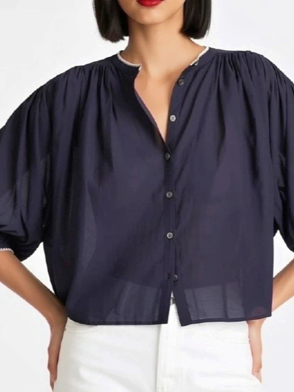 Madewell Puff Sleeve Blouse with White Trim